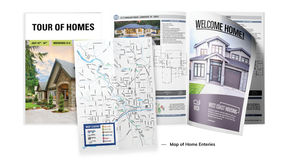 Tour of Homes magazine with home in front and map next to it with open magazine that says "welcome home"